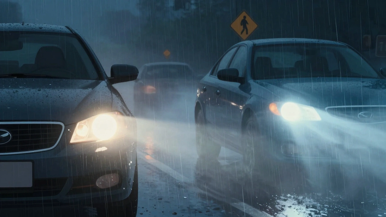 Сравнение света 4000К и 6500К: один четко освещает дорогу, другой создает ослепляющую дымку.