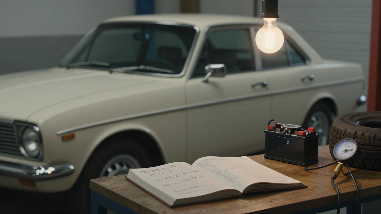 Старый автомобиль в гараже рядом с записной книжкой обслуживания и зарядным устройством.