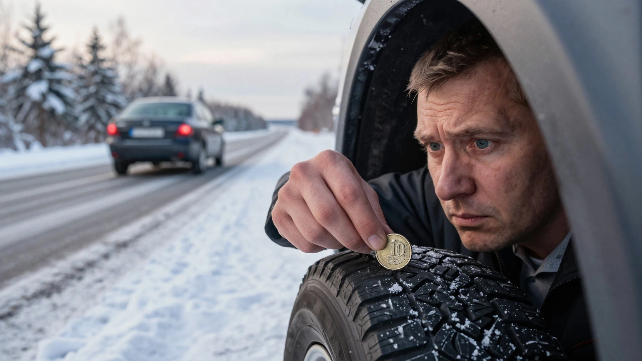 Водитель проверяет износ шины монетой, за спиной — зимний пейзаж и безопасно едущая машина.