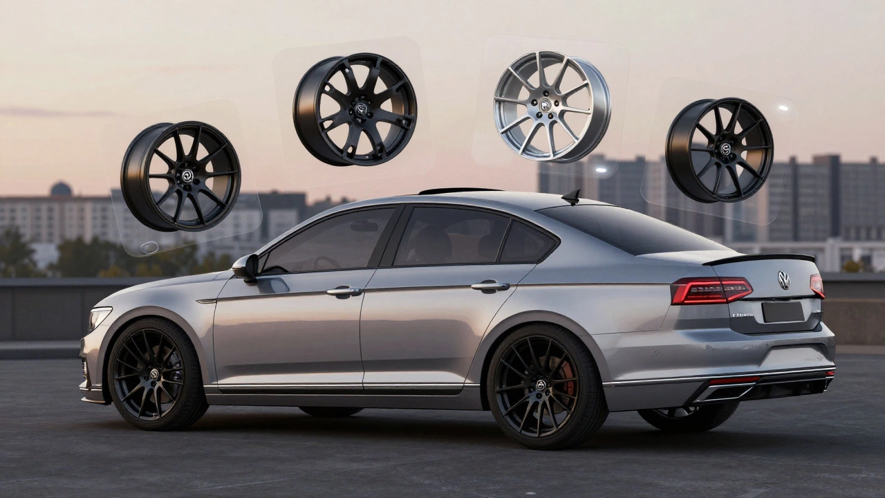 Volkswagen Passat с обновленными дисками и черными рамками фар, в городской среде Калининграда.