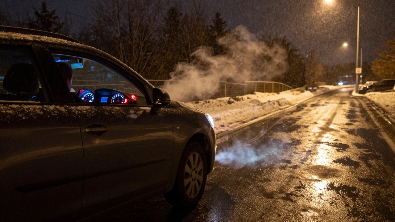 Автомобиль на зимней дороге с гаснущей лампой давления масла на приборной панели.