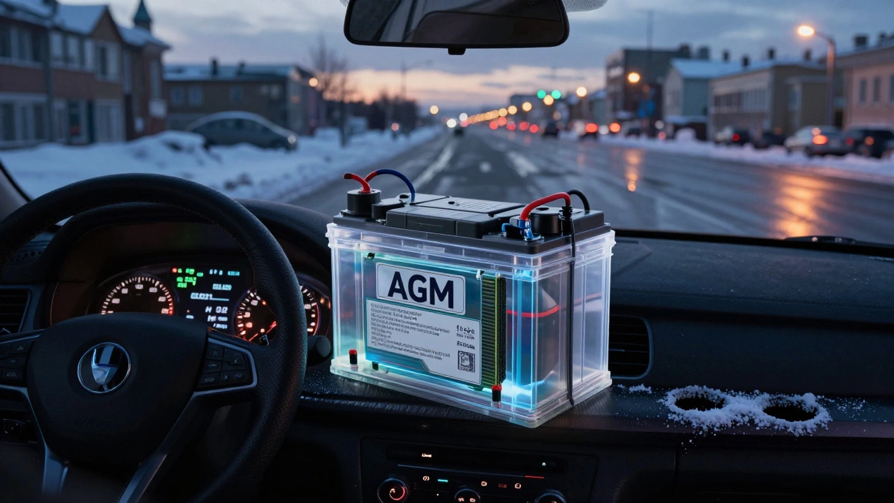 Автомобиль заводится утром в снежном городе, внутри — вид внутренней структуры AGM-аккумулятора.