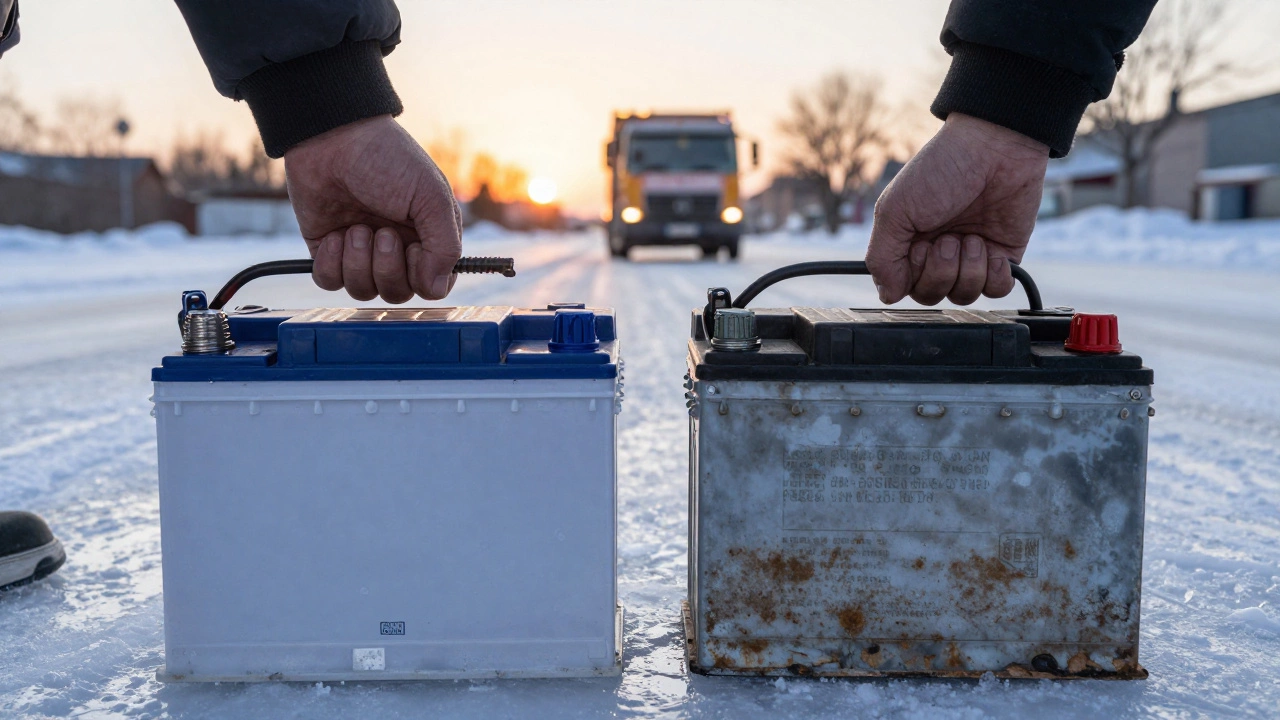 Два аккумулятора рядом — новый и старый — на льду, под утренним светом, с видом на эвакуатор.