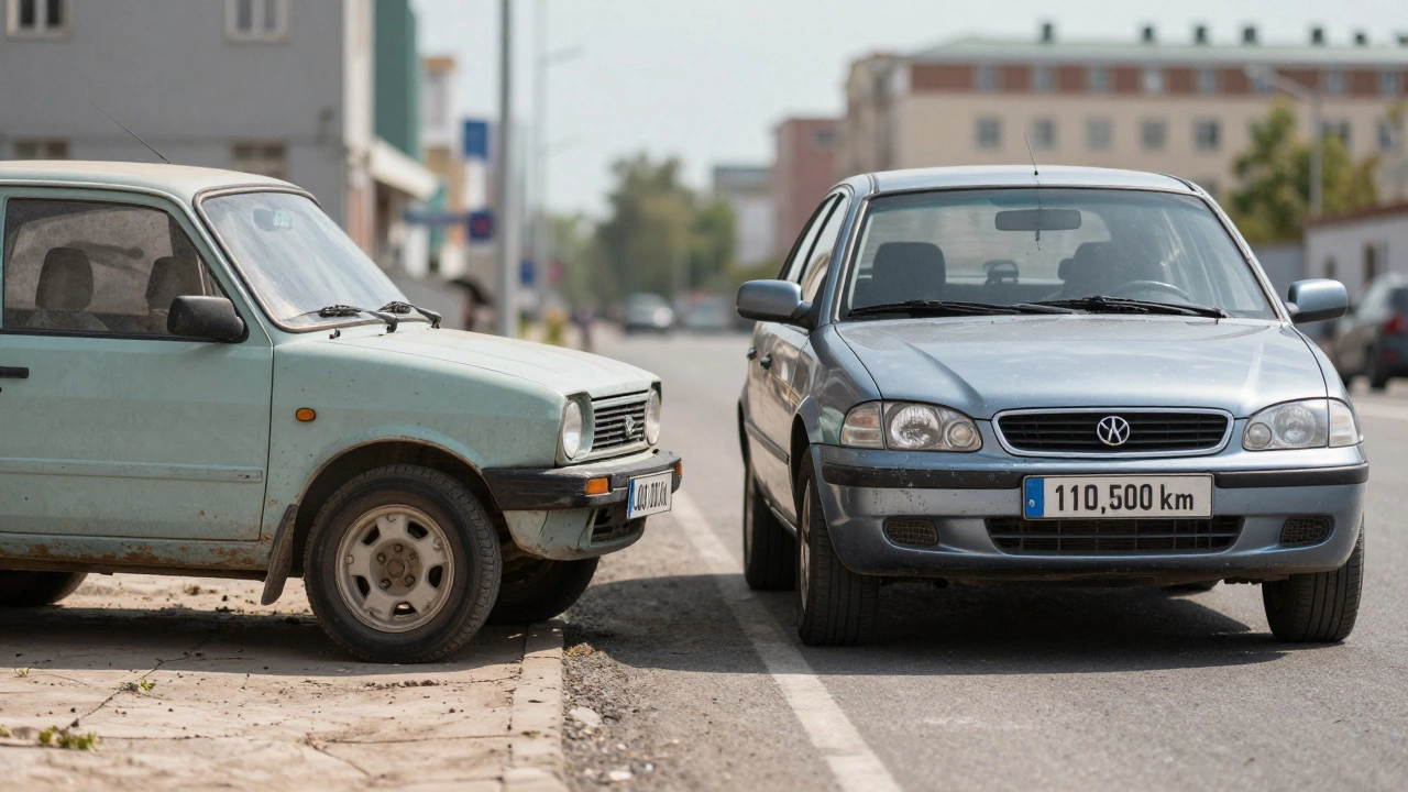 Два автомобиля: один в гараже с низким пробегом, другой на дороге с высоким пробегом и чистым днищем.