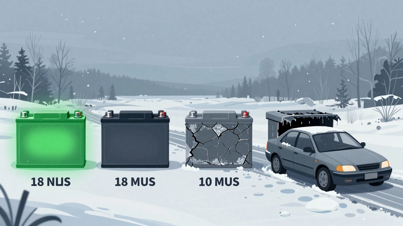 Иллюстрация старения аккумулятора: от свежего до с сульфатацией пластин, на фоне зимнего пейзажа.