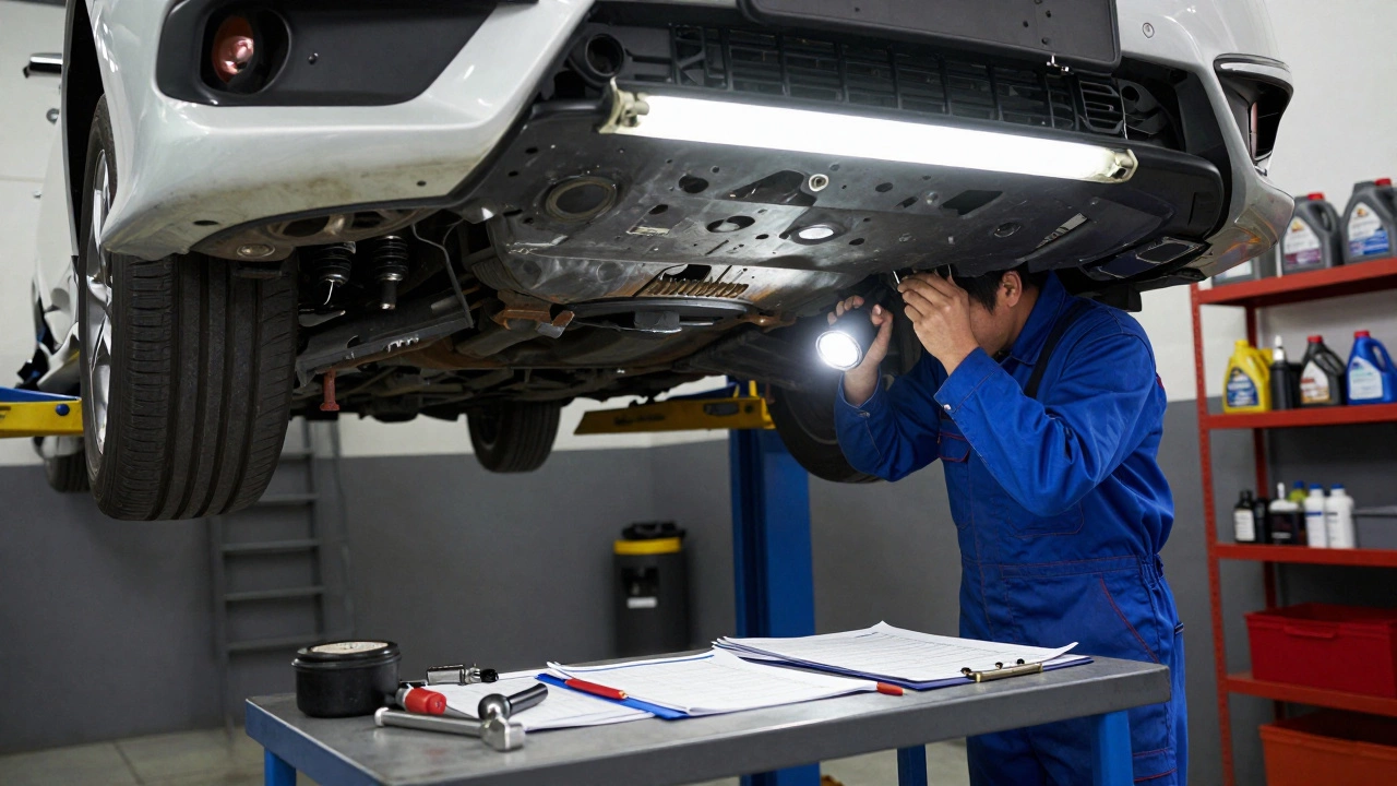 Механик осматривает днище Honda Civic с пробегом 180 000 миль в гараже, кузов чистый и без ржавчины.