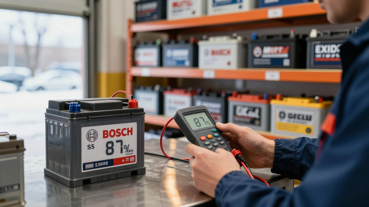 Механик проверяет аккумулятор Bosch с помощью диагностического прибора в автосервисе.