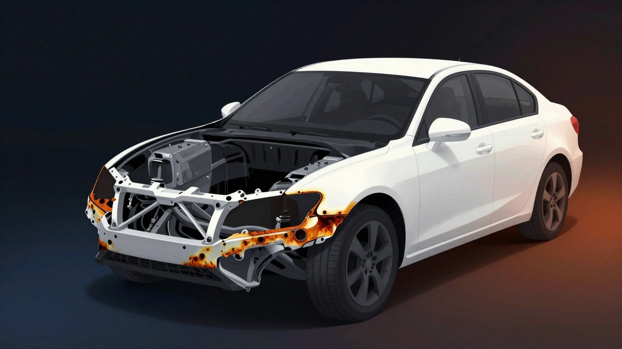 Разрез днища автомобиля: коррозия против защитного антикоррозийного слоя.