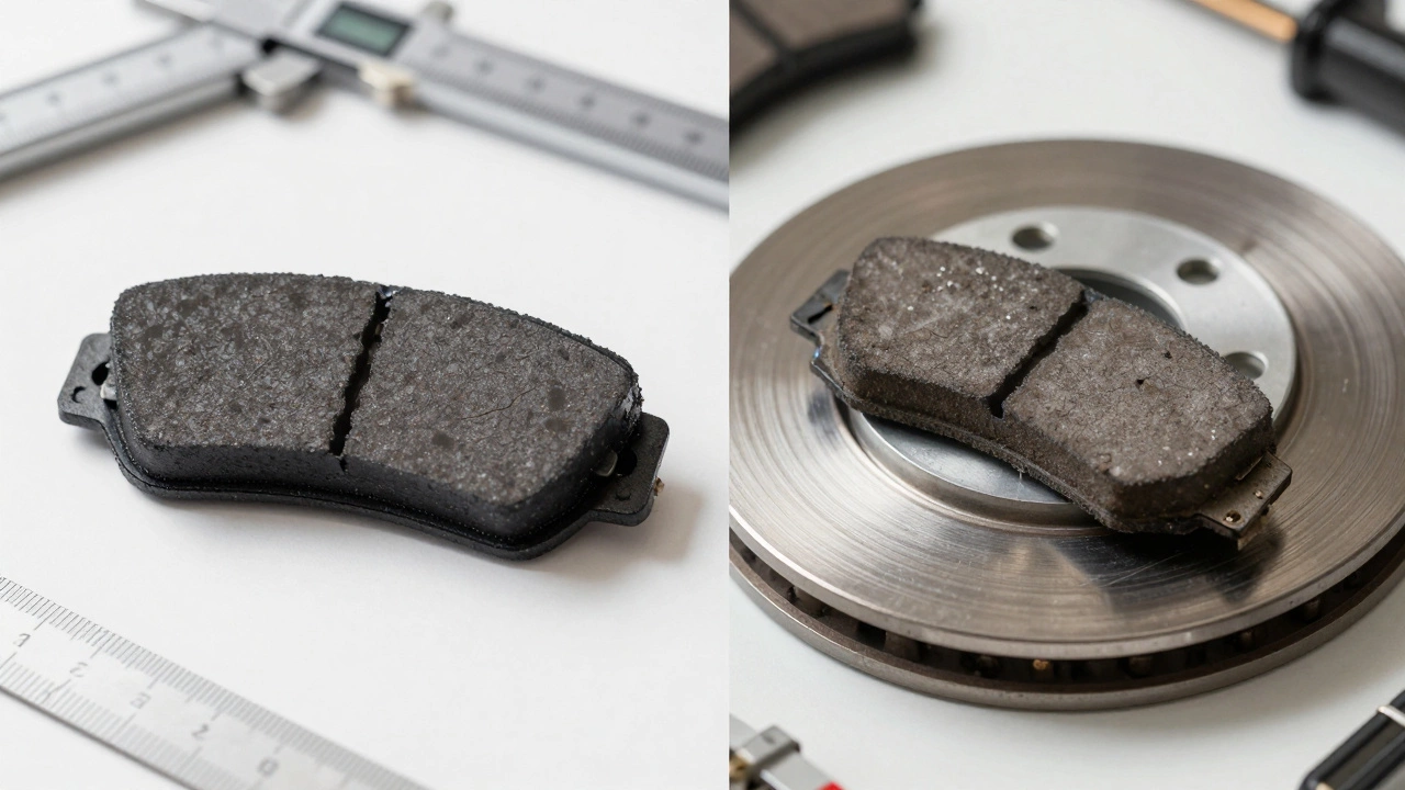 Сравнение новой и изношенной тормозной колодки с измерением толщины