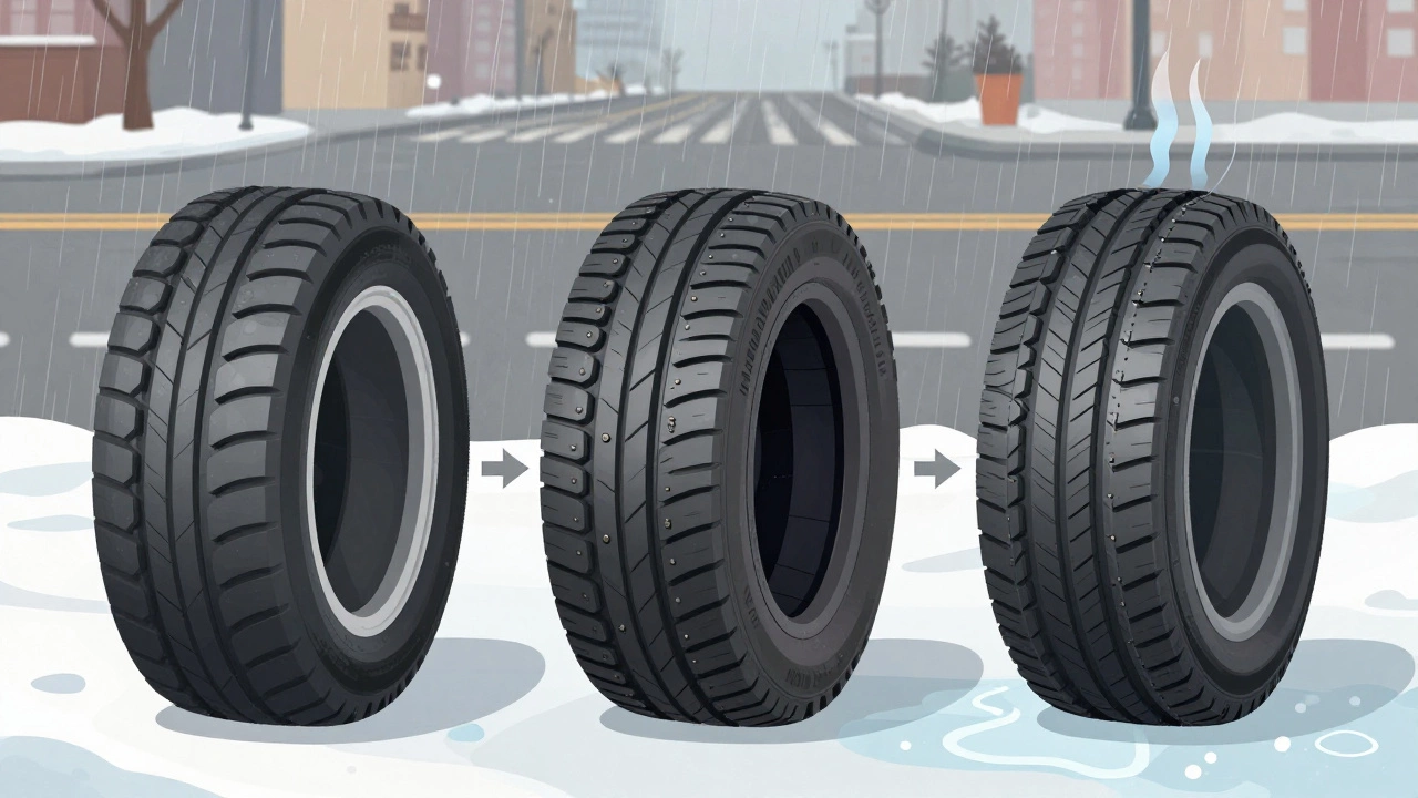 Сравнение структуры летних, зимних и всесезонных шин с разрезами, показывающими протекторы и канавки.