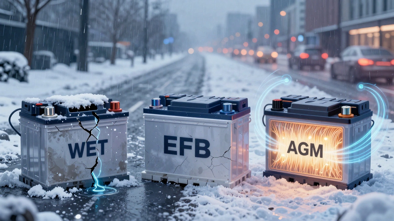 Сравнение трех типов аккумуляторов: WET, EFB и AGM с визуализацией их долговечности.