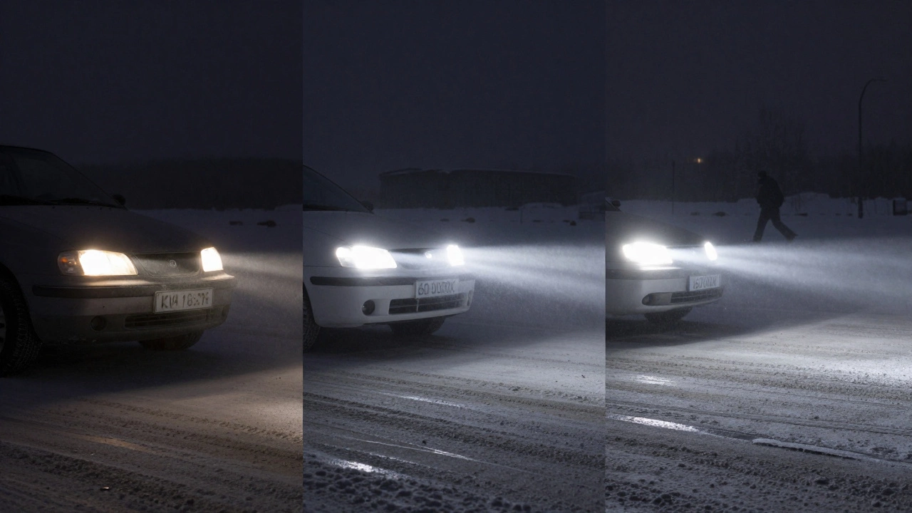 Сравнение трех типов автомобильных фар: галоген, ксенон и светодиод на зимней дороге.