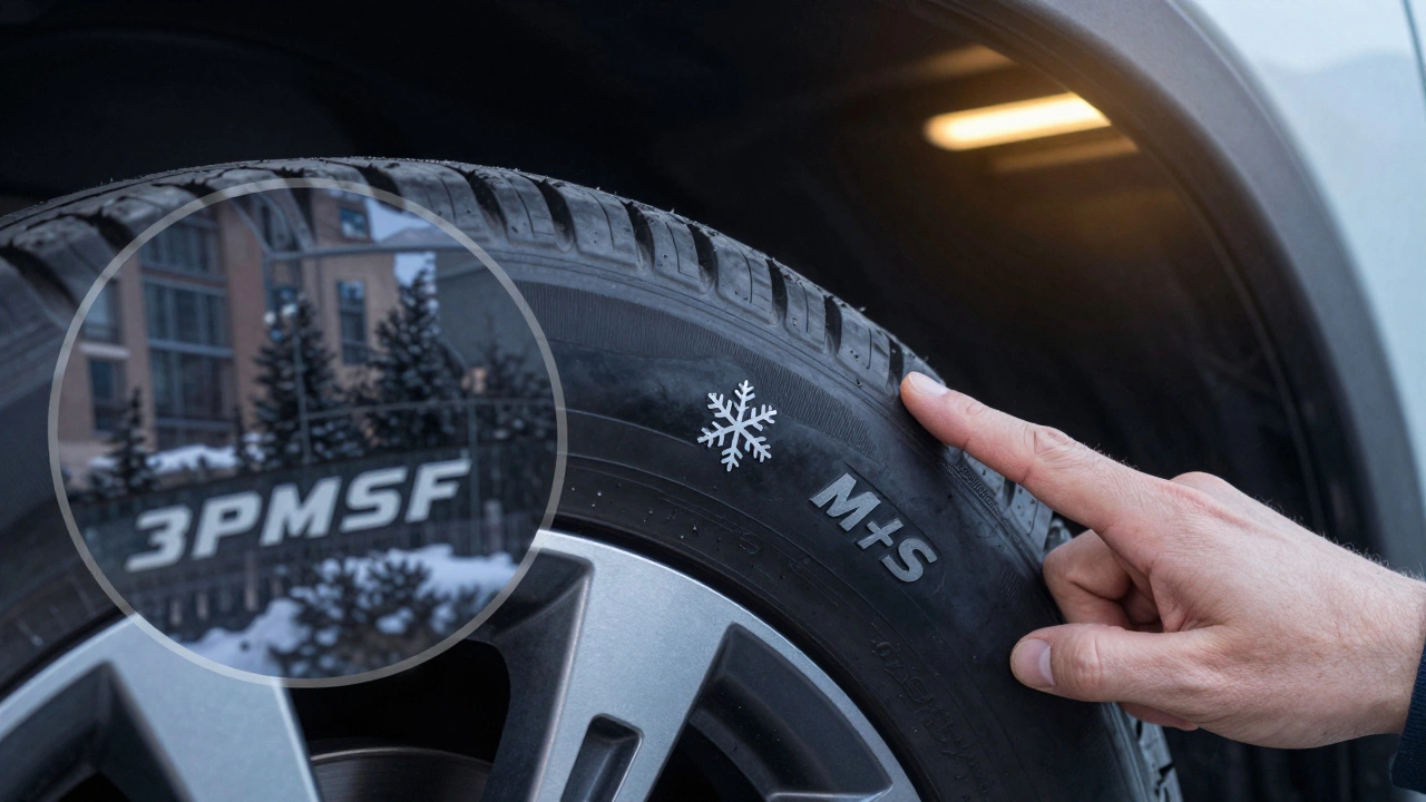 Деталь боковины шины с четко видимым символом 3PMSF под светом гаража.