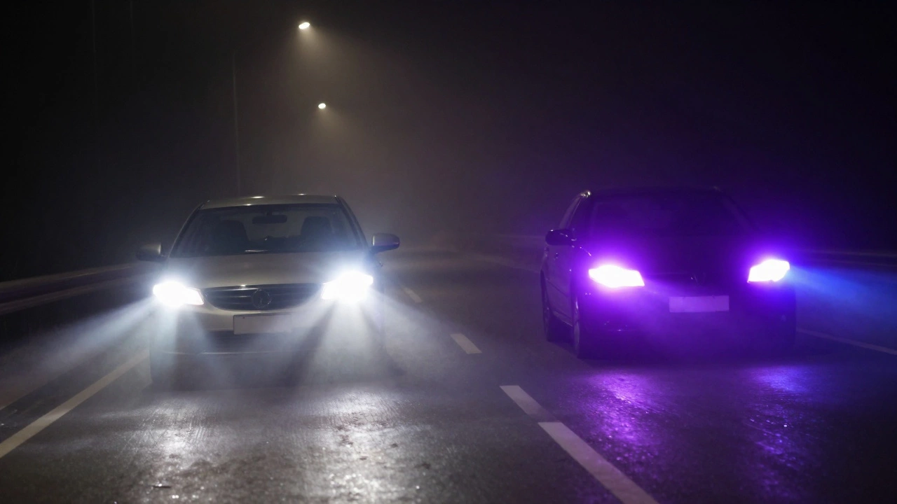 Две машины едут навстречу: одна с разрешённым белым светом, другая — с запрещённым синим.