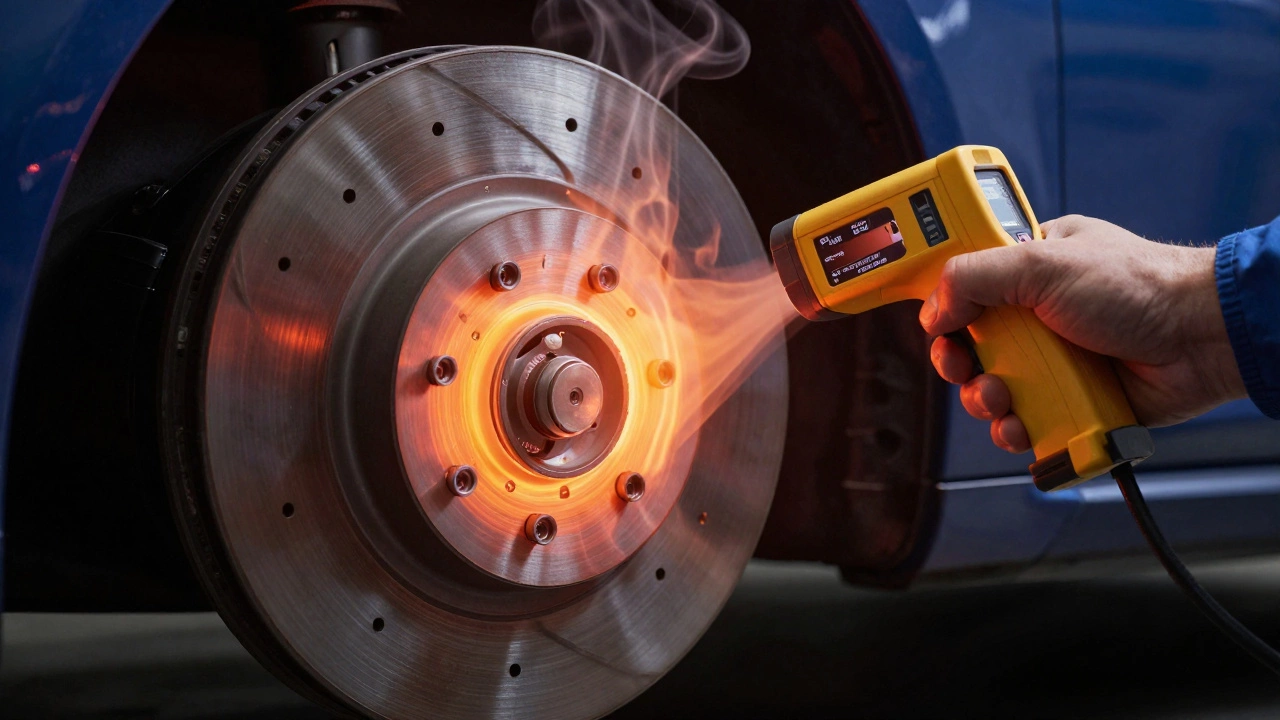 Измерение температуры тормозного диска инфракрасным термометром.