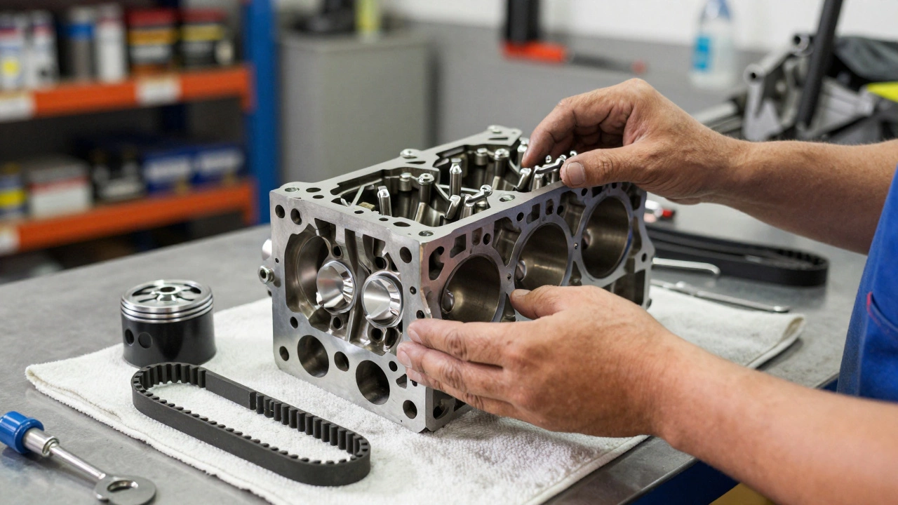 Механик осматривает повреждённые клапаны и поршни в двигателе после обрыва ремня ГРМ.