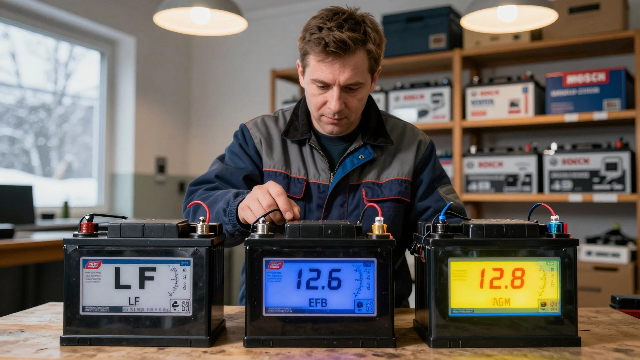 Механик проверяет три типа аккумуляторов в автосервисе, на экранах видны разные показания напряжения.