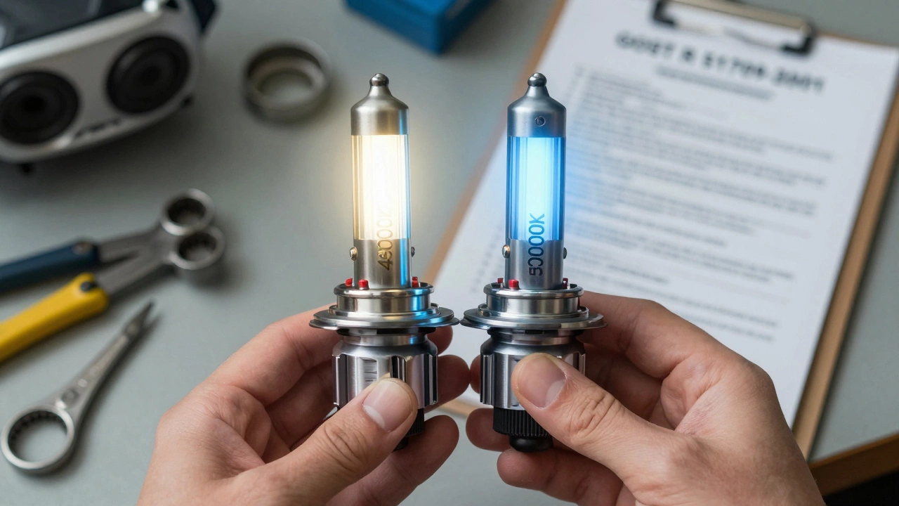 Механик сравнивает две лампы: одна с белым светом 4300K, другая — с синим 6000K.