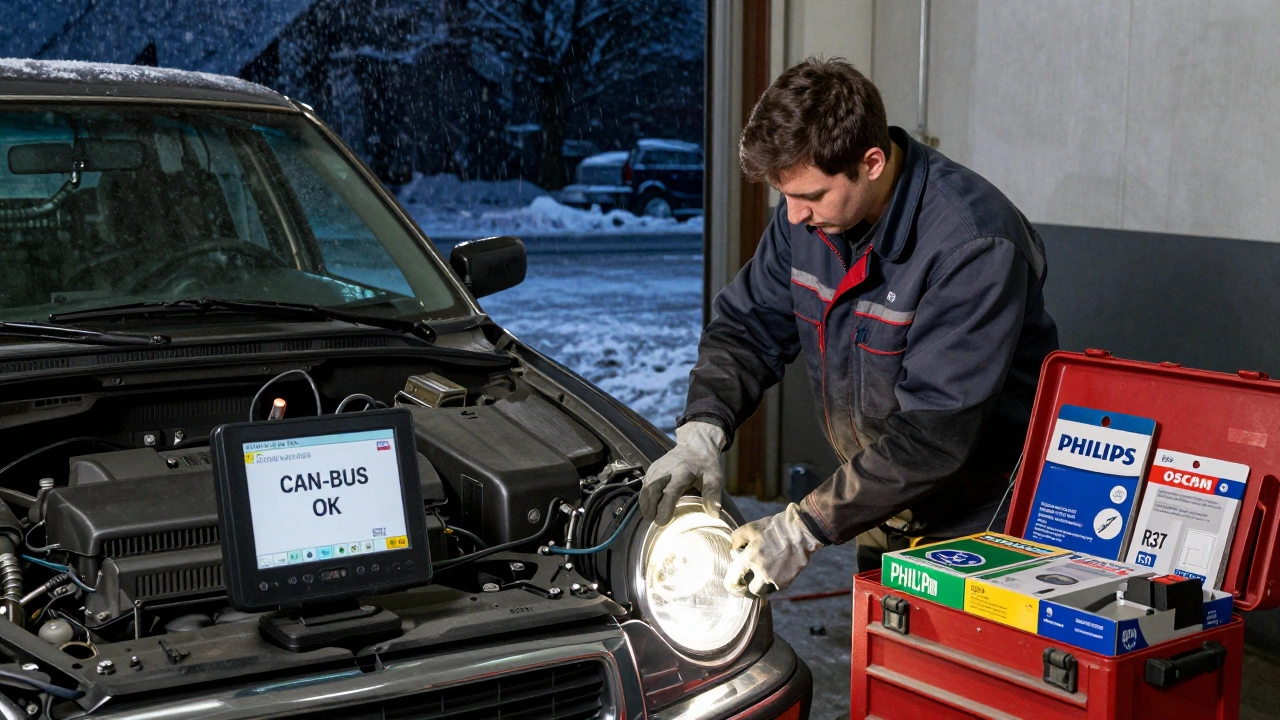 Механик устанавливает светодиодные лампы в фару, рядом лежат упаковки Philips и Osram с сертификатами.