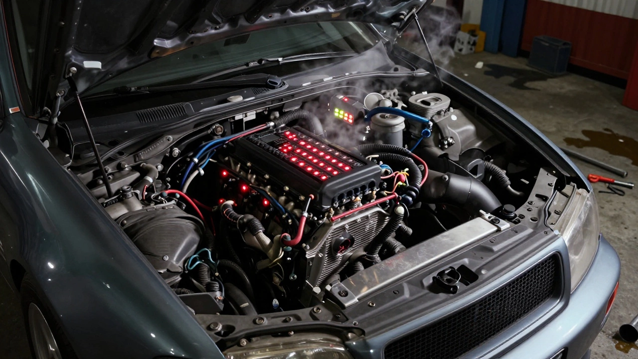 Открытый капот автомобиля с нештатной прошивкой двигателя, дым и предупреждающие огни на приборной панели.