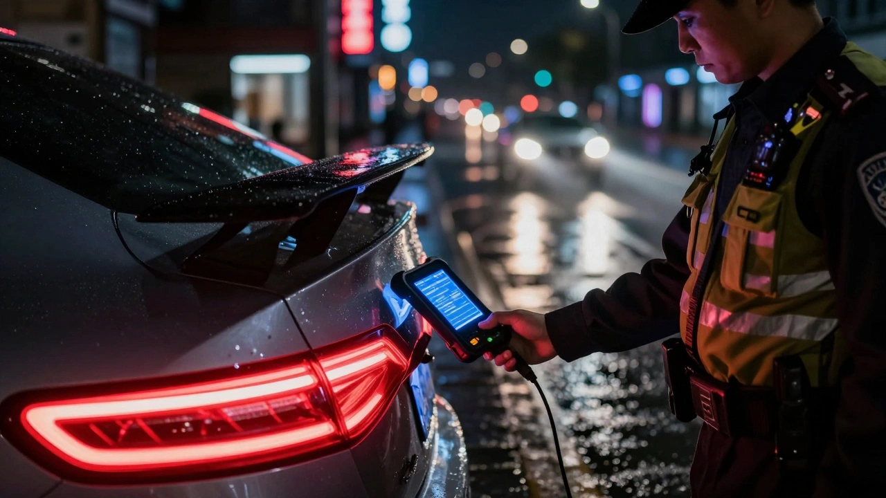Полицейский проверяет автомобиль с незаконными светодиодными подсветками и спойлером с диагностическим сканером.