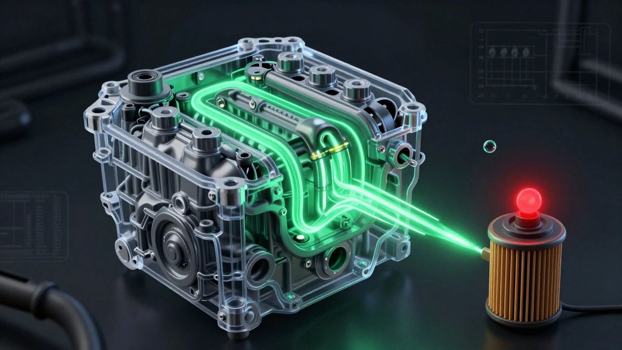 Прозрачный двигатель с потоком масла и предупреждающим индикатором.