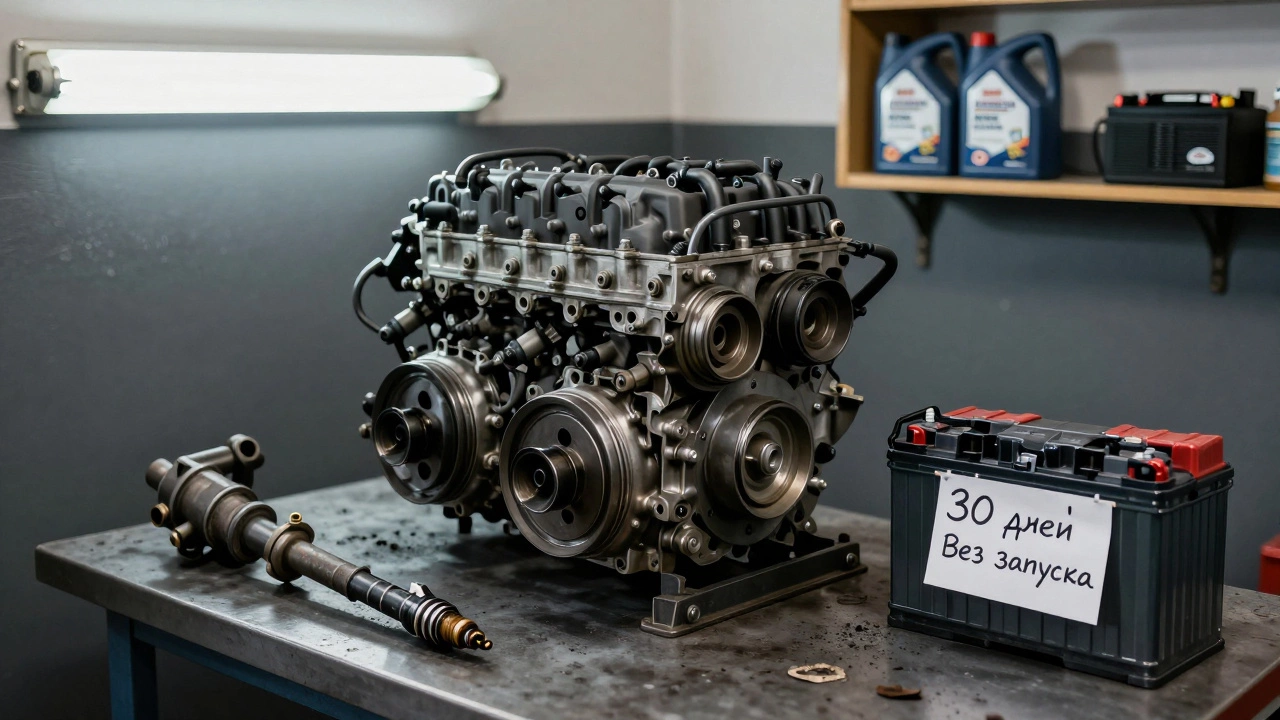 Разобранный двигатель на верстаке с грязными свечами, топливным насосом и разряженным аккумулятором.