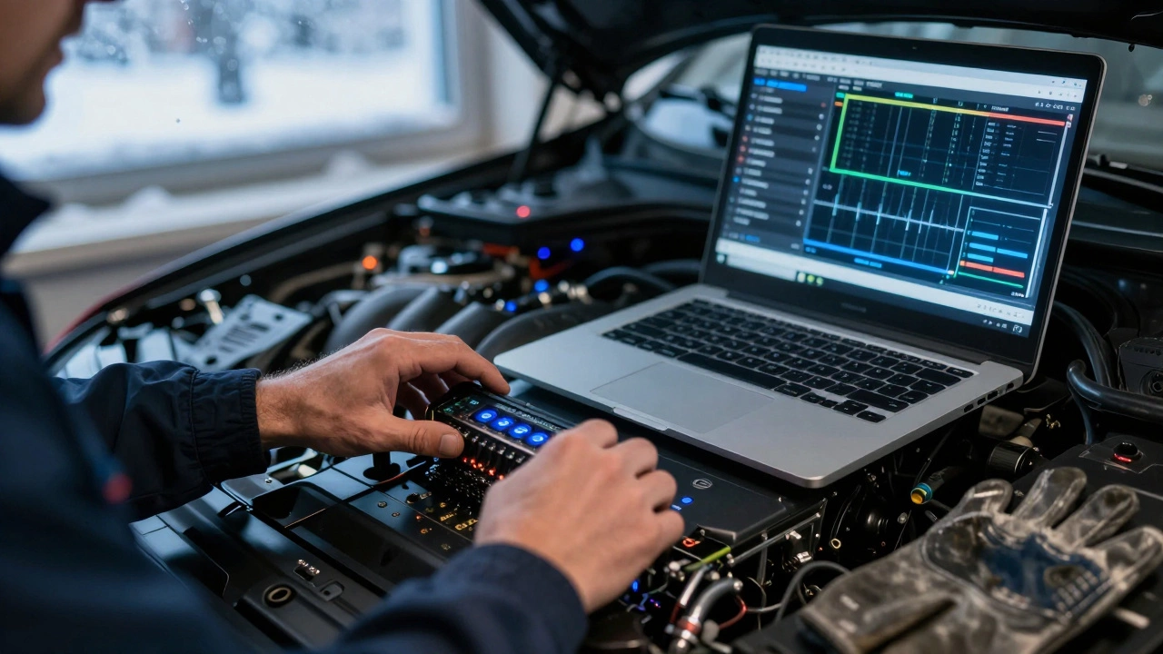 Руки настраивают ЭБУ автомобиля, за спиной — работающий двигатель и зимнее окно.