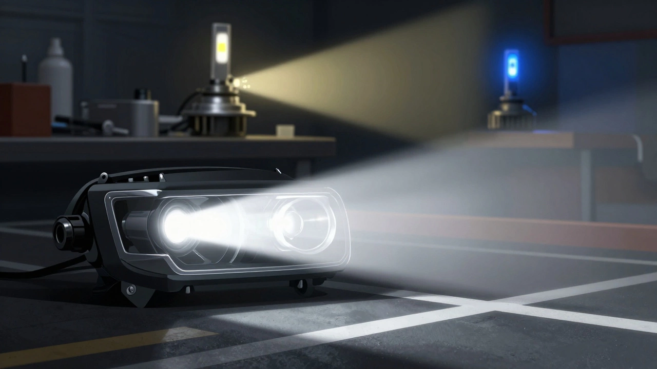 Современная LED-фара проецирует точный световой пучок на дорожную разметку, рядом — старая галогеновая фара и поддельная LED-лампа.