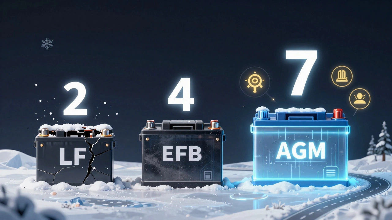 Сравнение срока службы аккумуляторов: LF, EFB и AGM в условиях холодной зимы, визуализировано как временная шкала.