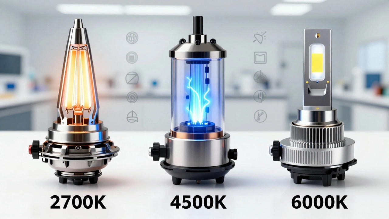 Три типа автомобильных ламп: галогеновая, ксеноновая и светодиодная — с разными цветами света и элементами конструкции.