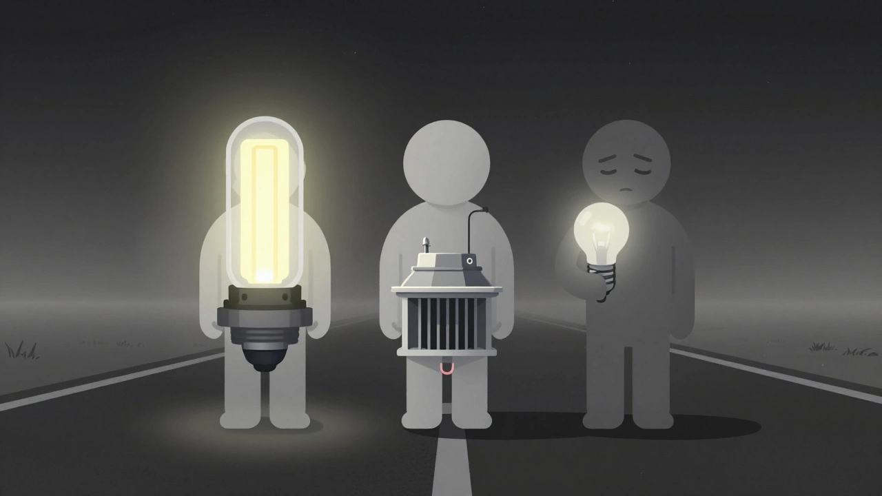 Три типа автомобильных ламп в виде символов: ксенон, LED и галоген — на тёмной дороге, LED создаёт самый чёткий путь вперед.