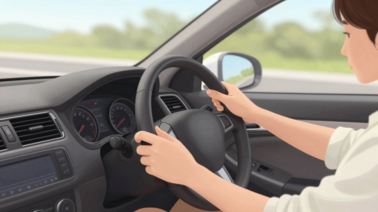 Водитель плавно тормозит, руки на руле и педали.