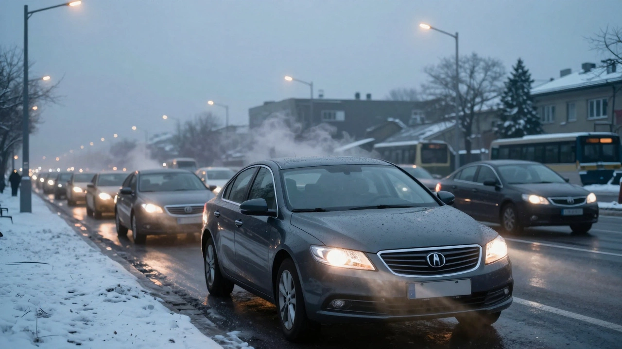 Автомобиль в городской пробке зимой при коротких поездках