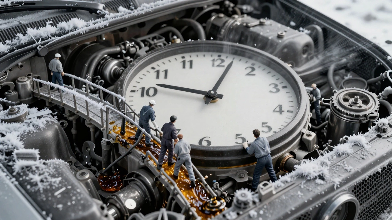 Часы на двигателе, показывающие три года, с мелкими фигурами, пытающимися протолкнуть масло сквозь засоры.