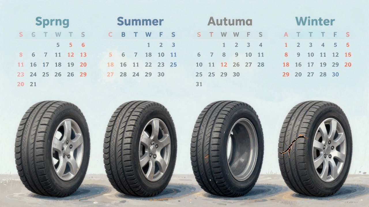 Четыре шины Hankook на разных стадиях износа, фон — календарь сезонов Калининграда, показывающий влияние времени.