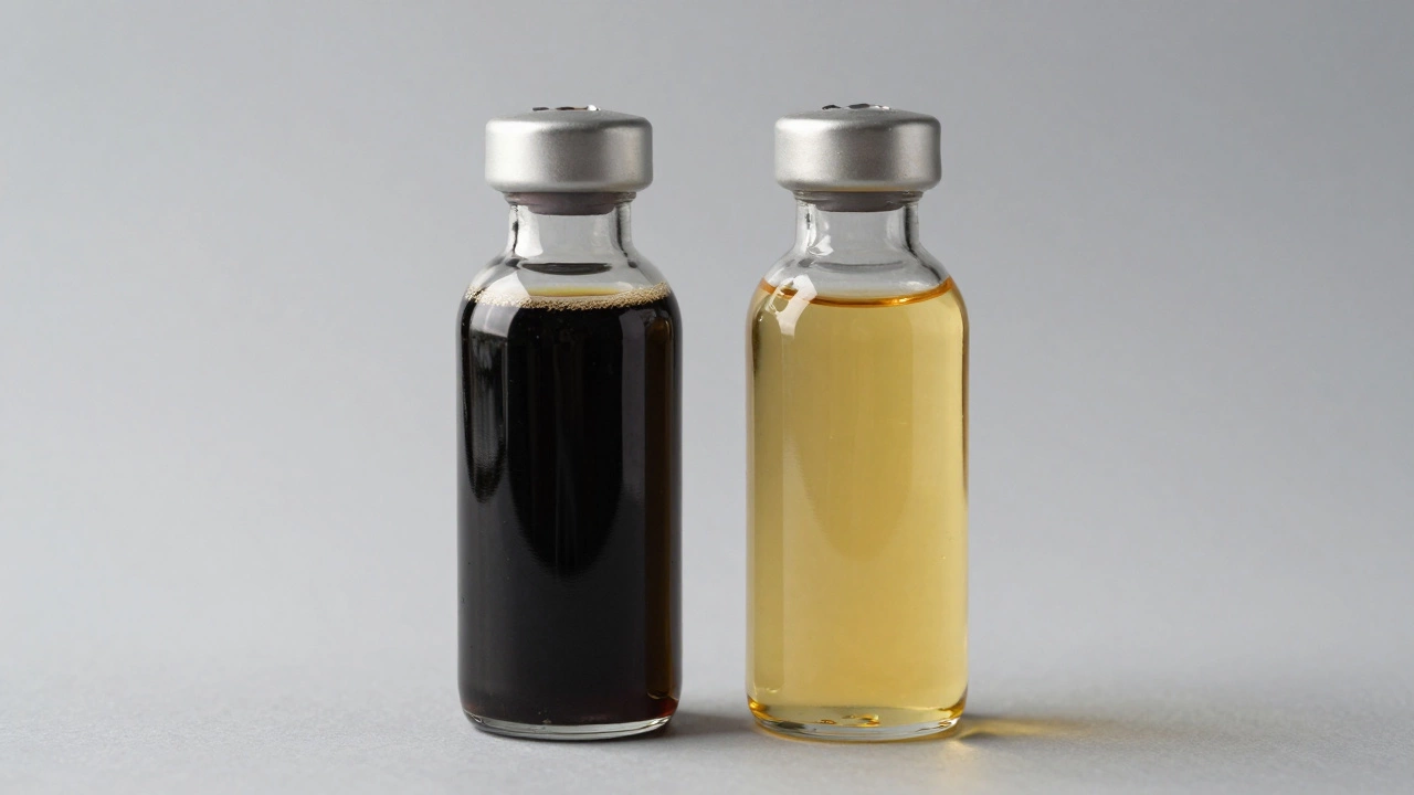Два флакона масла, одно прозрачное новое, другое мутное и использованное