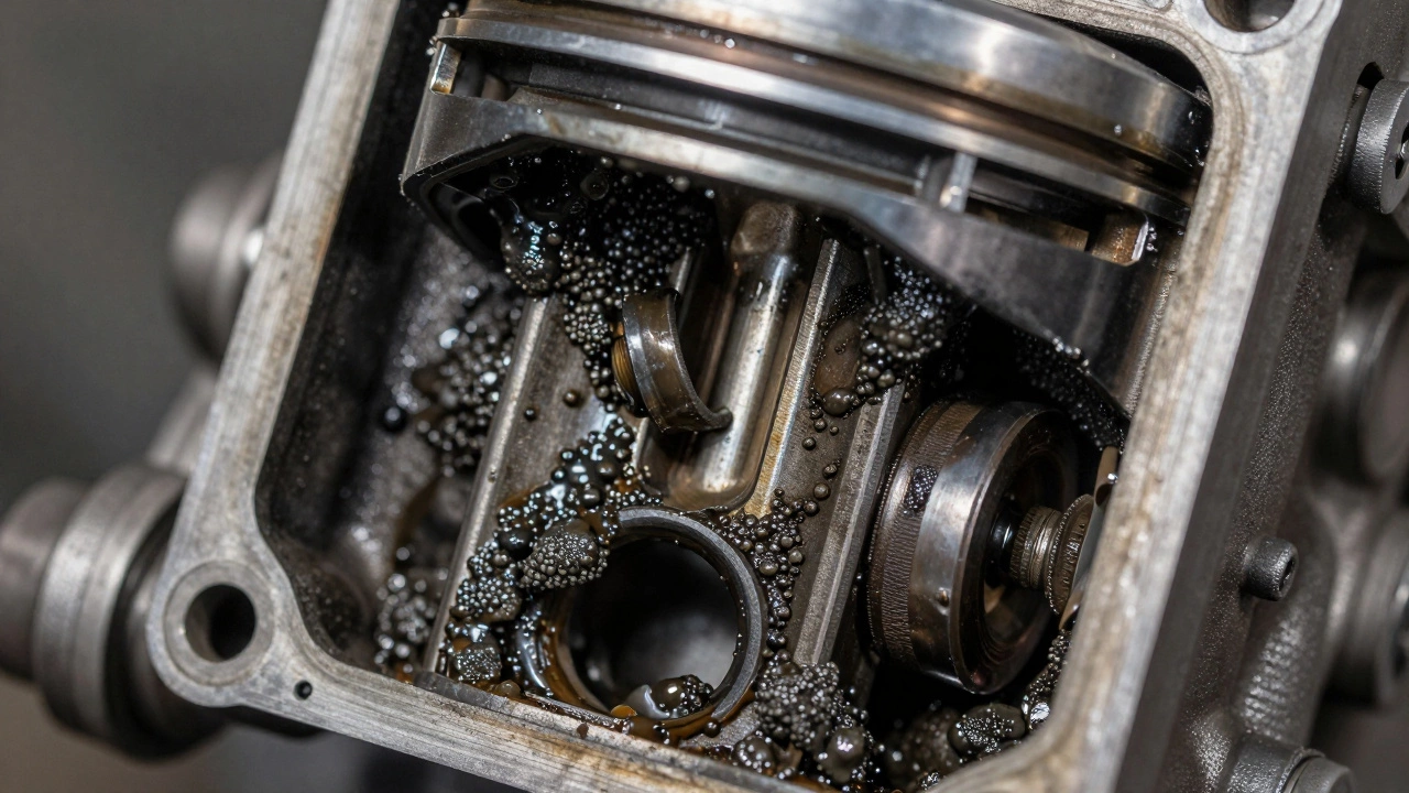 Двигатель крупным планом, видна грязь и отложения на деталях