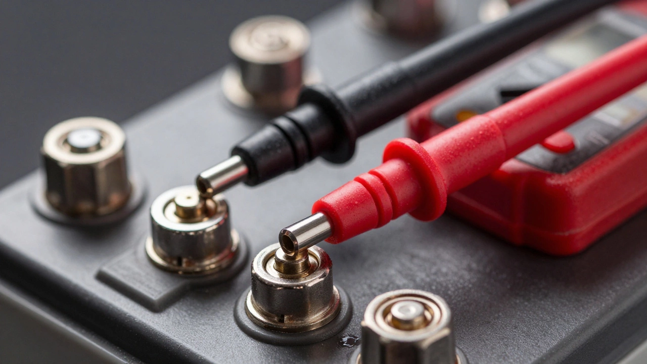 Измерение напряжения на клеммах автомобильного аккумулятора прибором.