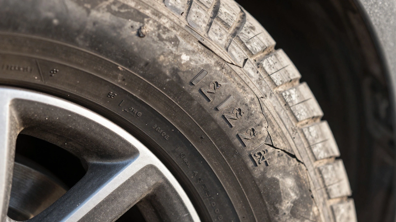 Крупный план боковины шины Hankook с датой производства и видимыми трещинами, рядом изношенный протектор.