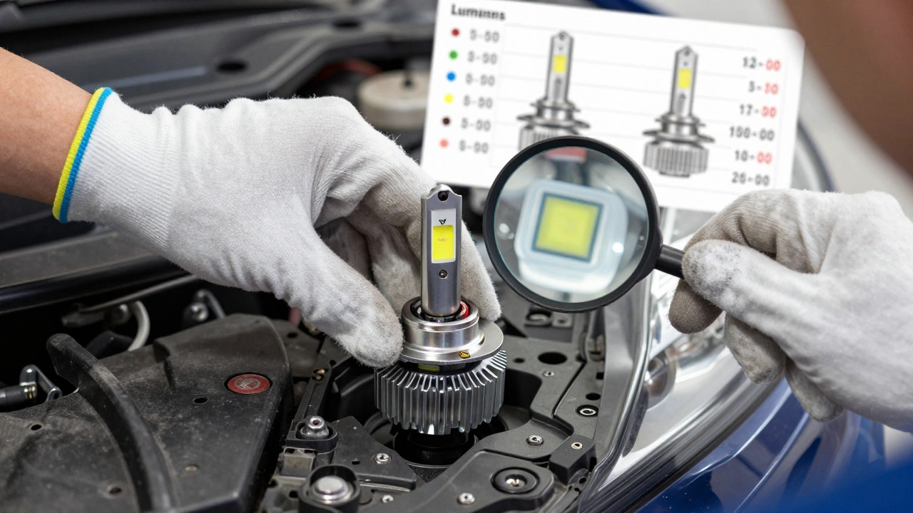 Механик устанавливает светодиодную лампу H7 с алюминиевым радиатором в фару автомобиля.
