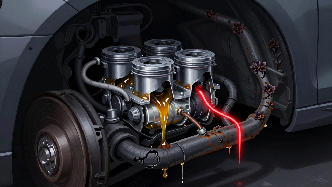 Разрез автомобиля, показывающий внутреннюю коррозию тормозных магистралей, загустевшее масло и треснувшие шланги.