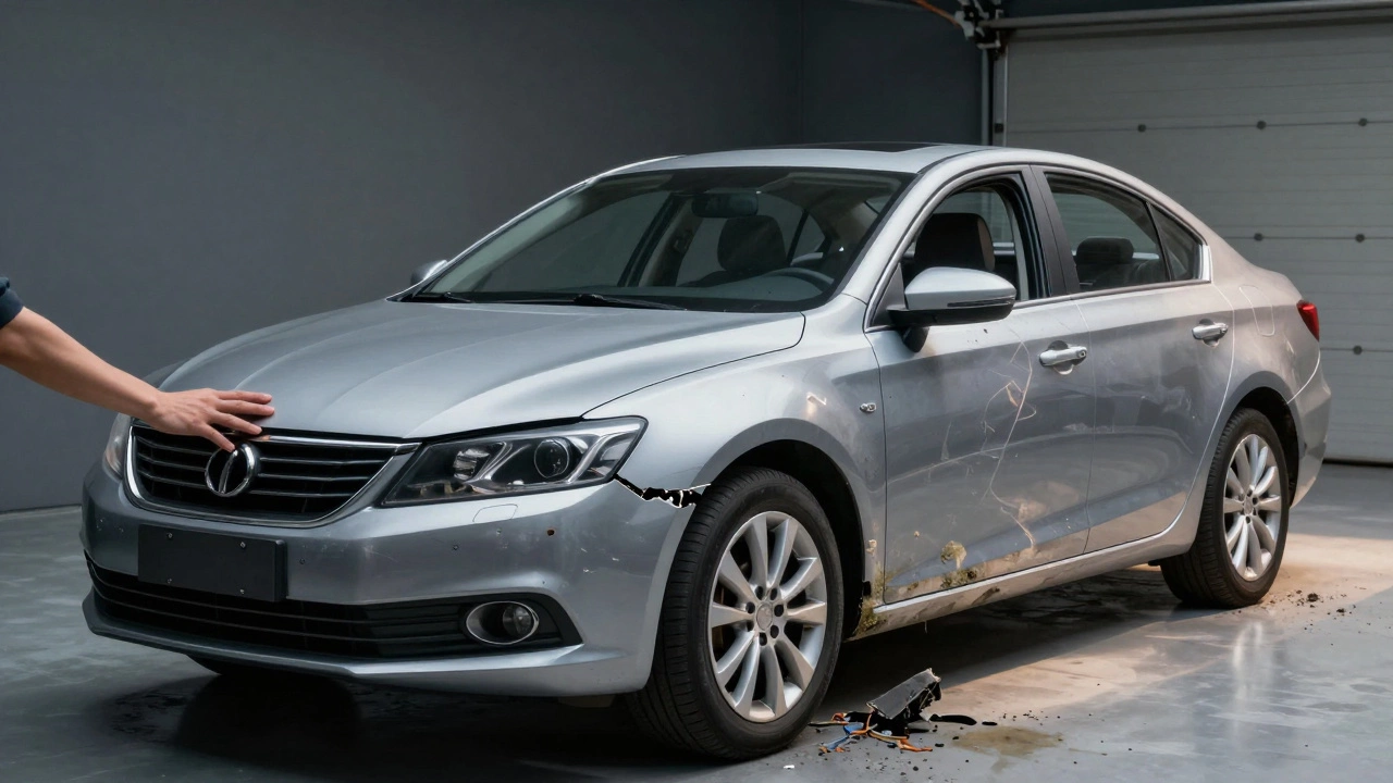 Рука касается целого кузова машины, а за ним — прозрачные образы разрушения: ржавчина, плесень, высохшие жидкости.