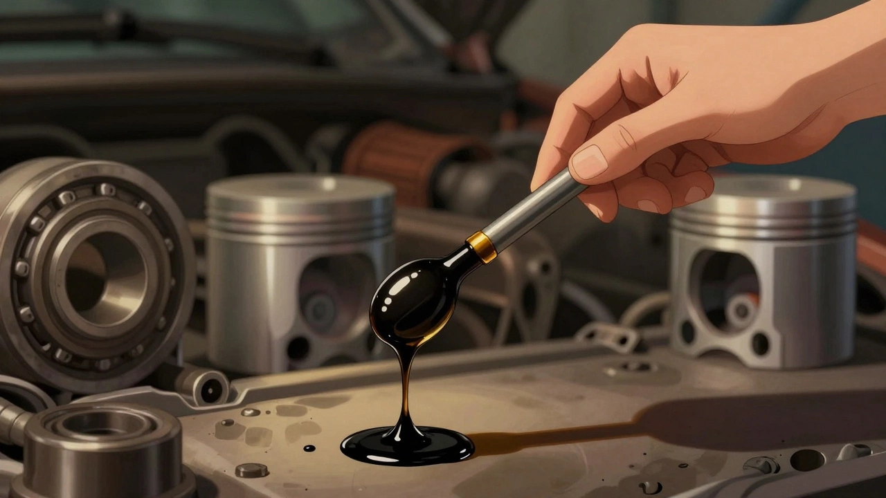 Рука с щупом, на котором застряла густая черная моторная смазка, рядом — капля чистого масла.