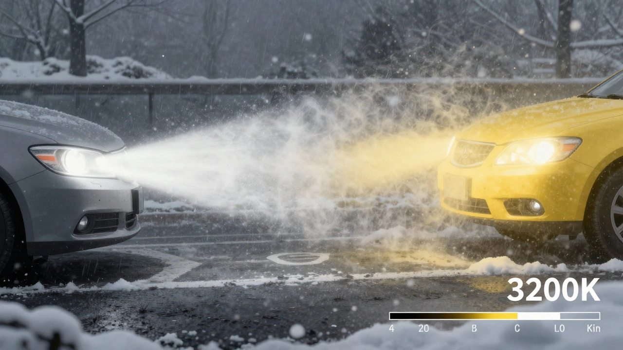 Сравнение белого и желтого света фар: белый свет подсвечивает разметку, желтый — проникает через снегопад.