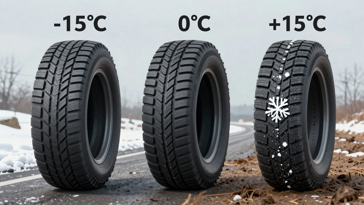 Сравнение летних, всесезонных и зимних шин с различными узорами протектора и символами.