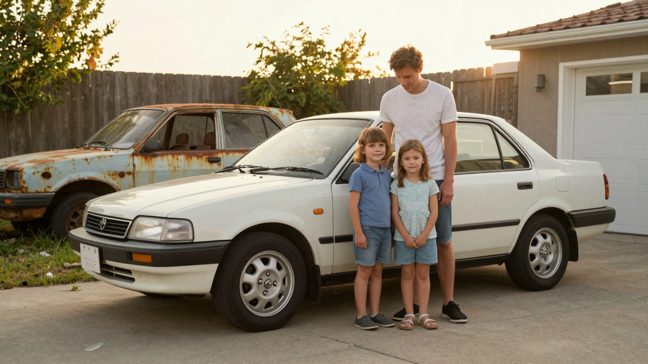 Старый, но в отличном состоянии автомобиль на фоне заброшенной ржавой машины, символизирующий разницу в уходе.