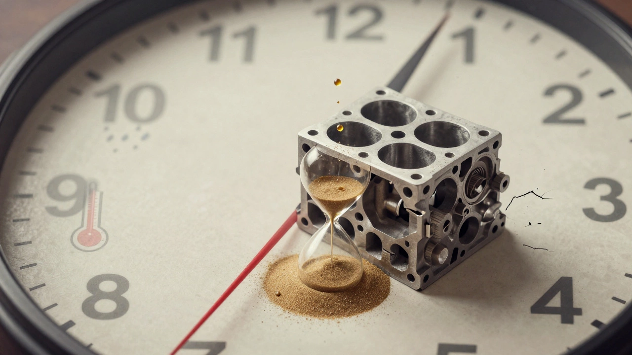 Трещина в блоке двигателя выходит из циферблата часов, масляные капли превращаются в песок.