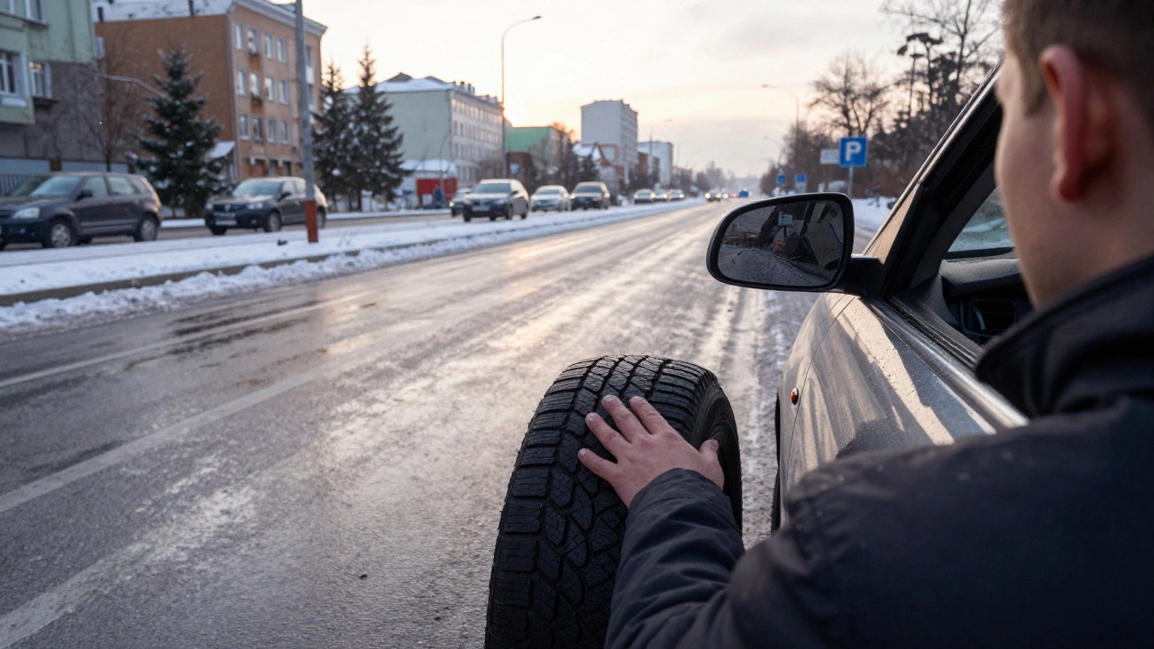 Водитель тестирует всесезонные шины на слякотной дороге в утреннем свете.
