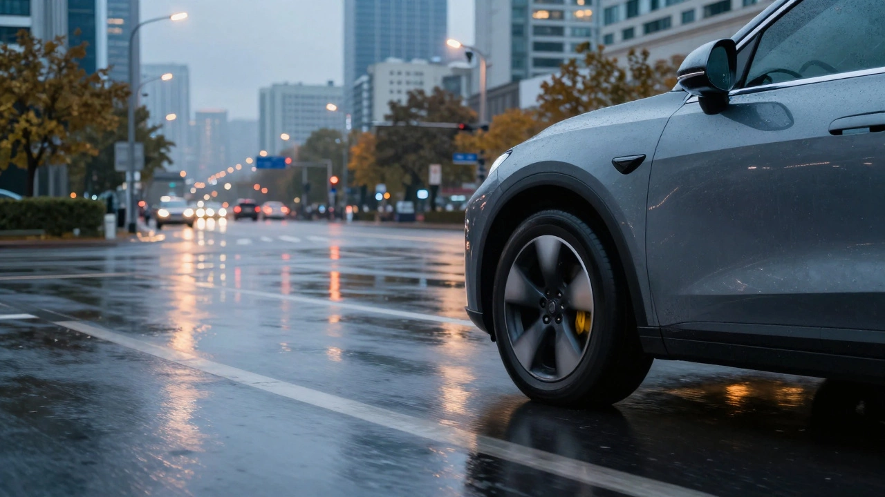 Автомобиль едет по мокрой городской дороге в осенний период